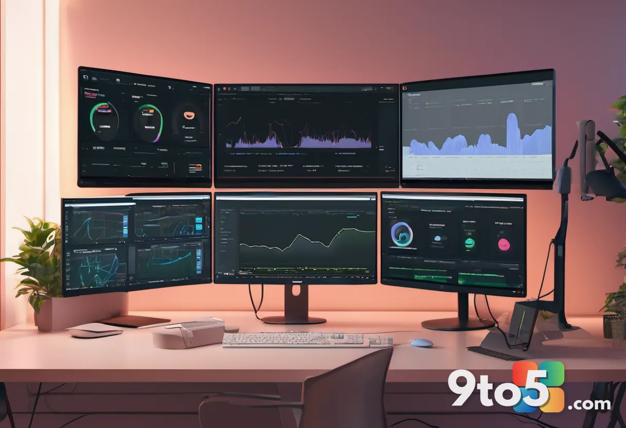 Sysadmin hunched over three monitors showing domain health dashboards, warm office lighting, focused expression, documen