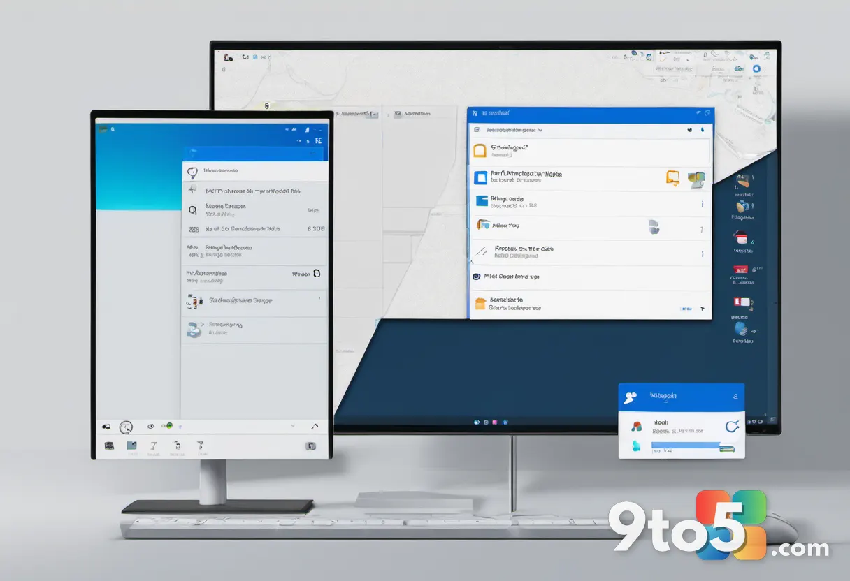 A stylized Windows 11 desktop showing a Copilot sidebar icon beside a standalone Copilot app tile, with a subtle merge a