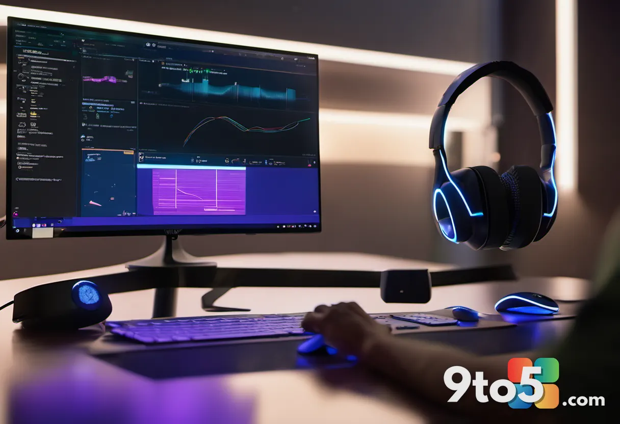 A close-up of a hand plugging a USB-C cable into a Meta Quest headset, with a Windows 11 desktop glowing on a monitor in