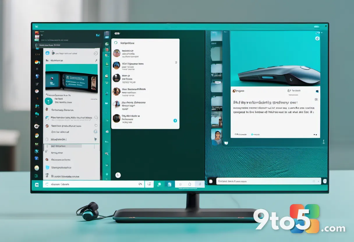 A split view showing a headset's front camera lens alongside a video call window on a Windows screen, cool blue and teal
