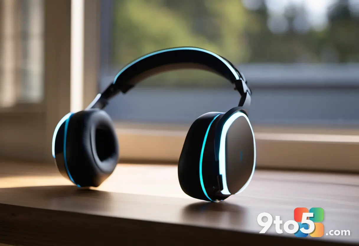 Close-up of a Meta Quest headset resting on a wooden desk beside a glowing Windows laptop, shallow depth of field, warm 