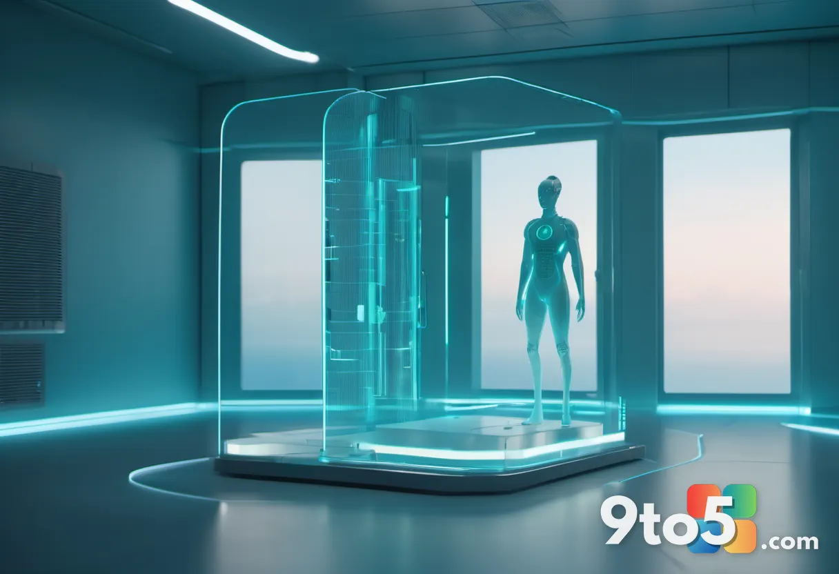 A translucent virtual avatar figure materializing in a dim room, soft blue and teal glow, mixed reality overlay aestheti