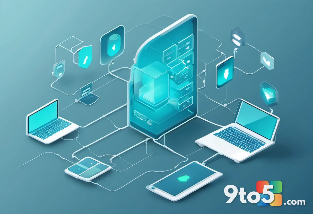 A minimalist illustration of connected Windows devices forming a network, with shield icons representing security polici