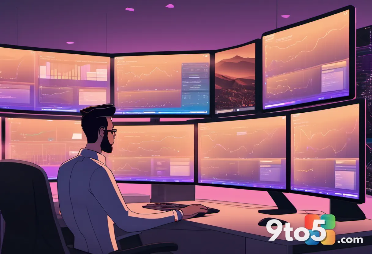 A professional IT administrator at a modern desk reviewing multiple screens displaying management consoles, warm office
