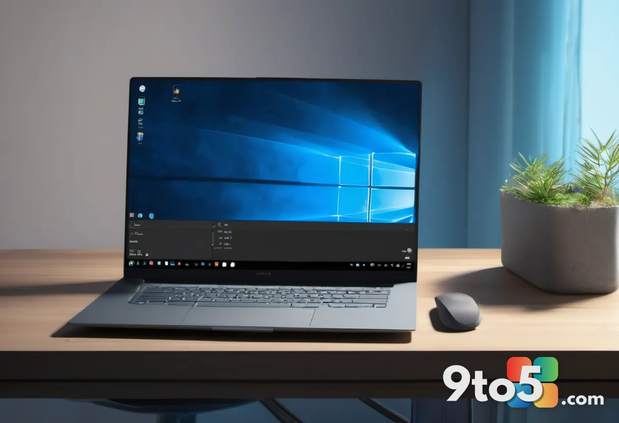 A close-up of a modern slim laptop on a clean wooden desk with soft blue ambient lighting, an AI visualization glowing f