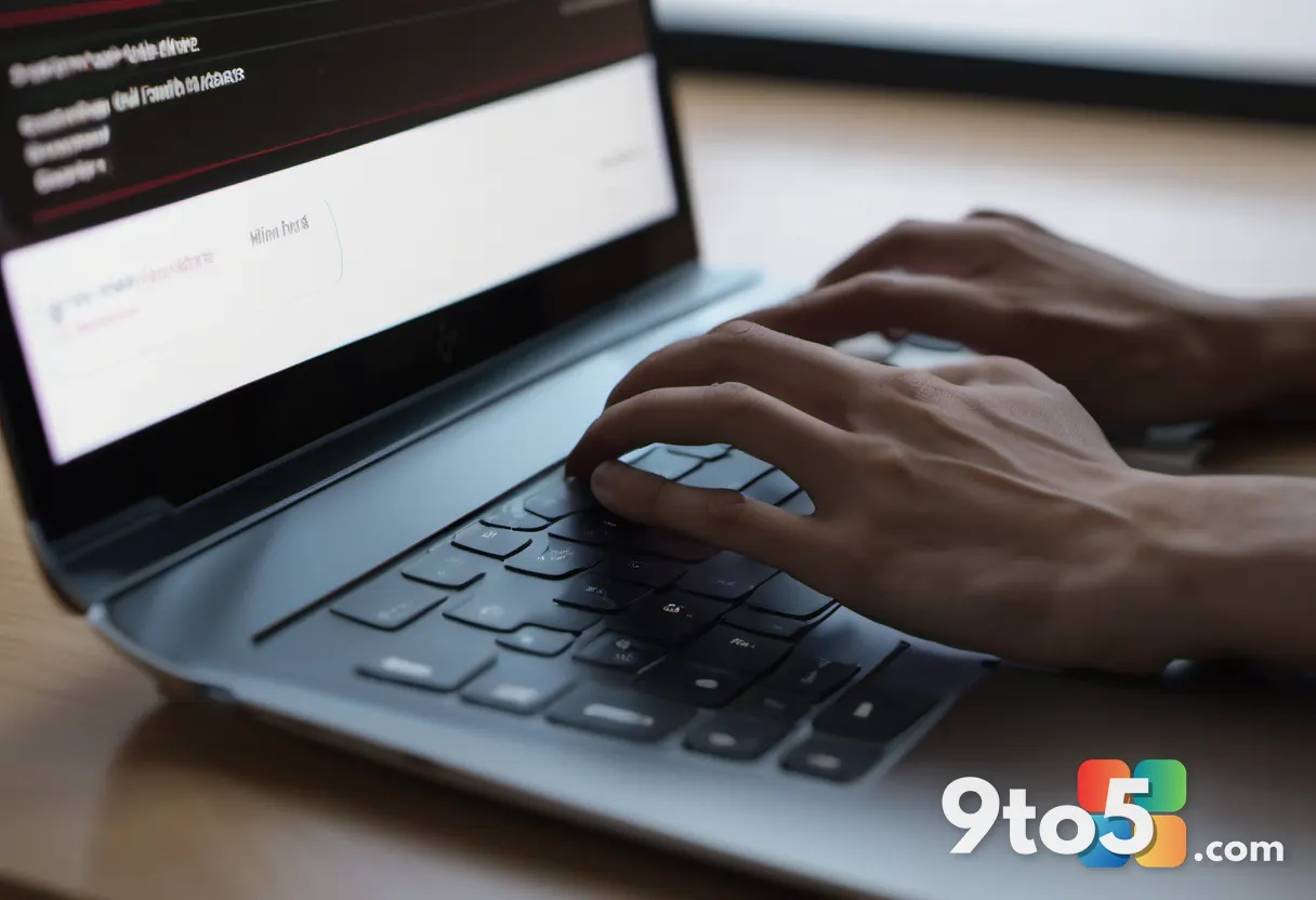 A close-up of hands typing on a laptop keyboard with a productivity app faintly visible on screen, warm office lighting,