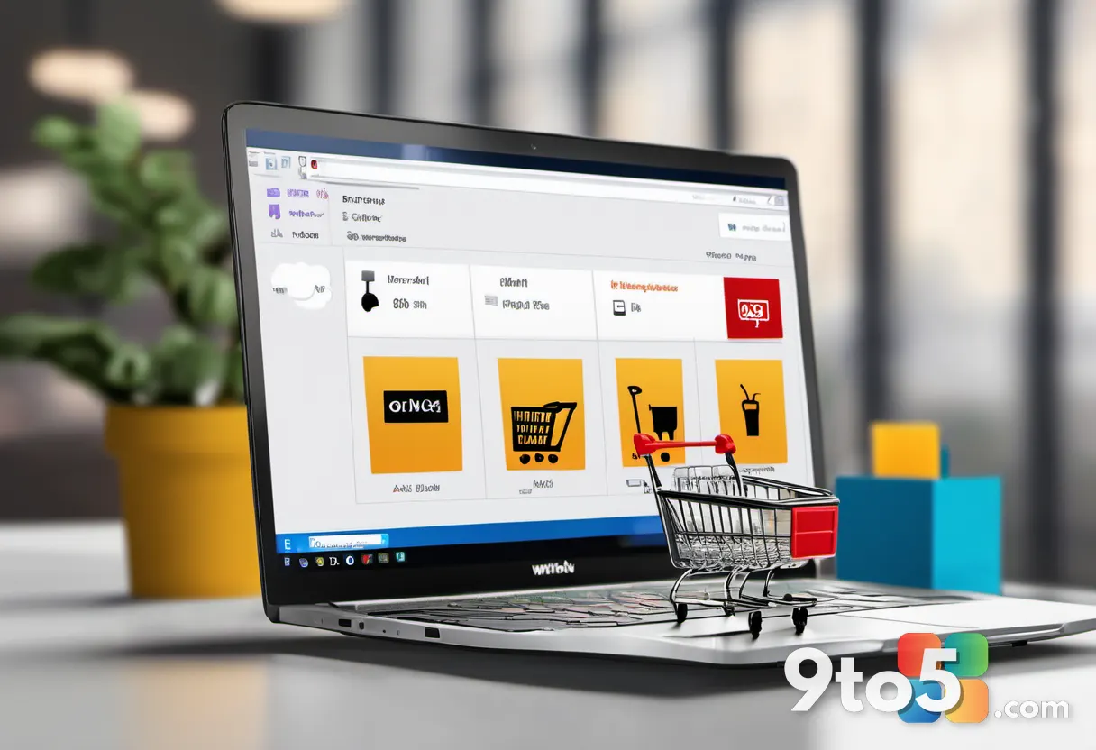 A hand holding a small shopping cart with a bright price tag showing 80% off, over a laptop screen displaying Office app
