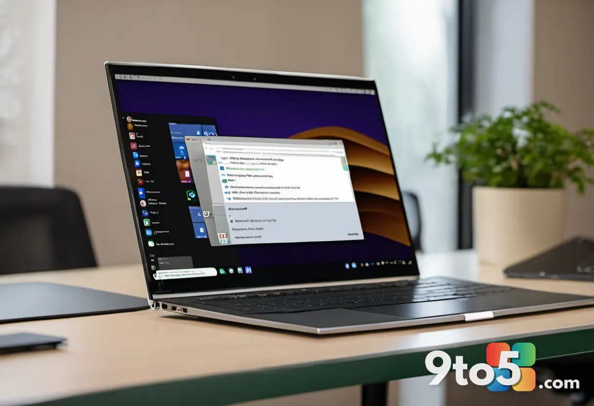 A close-up of a laptop screen showing a generic office application window with a prominent notification banner across th