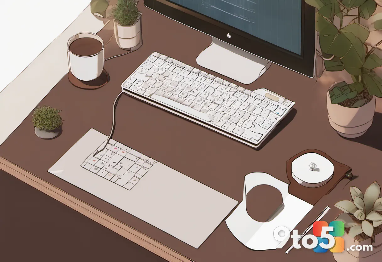 A top-down view of hands resting on a keyboard beside a coffee mug, warm ambient lighting, cozy home office setting, mut