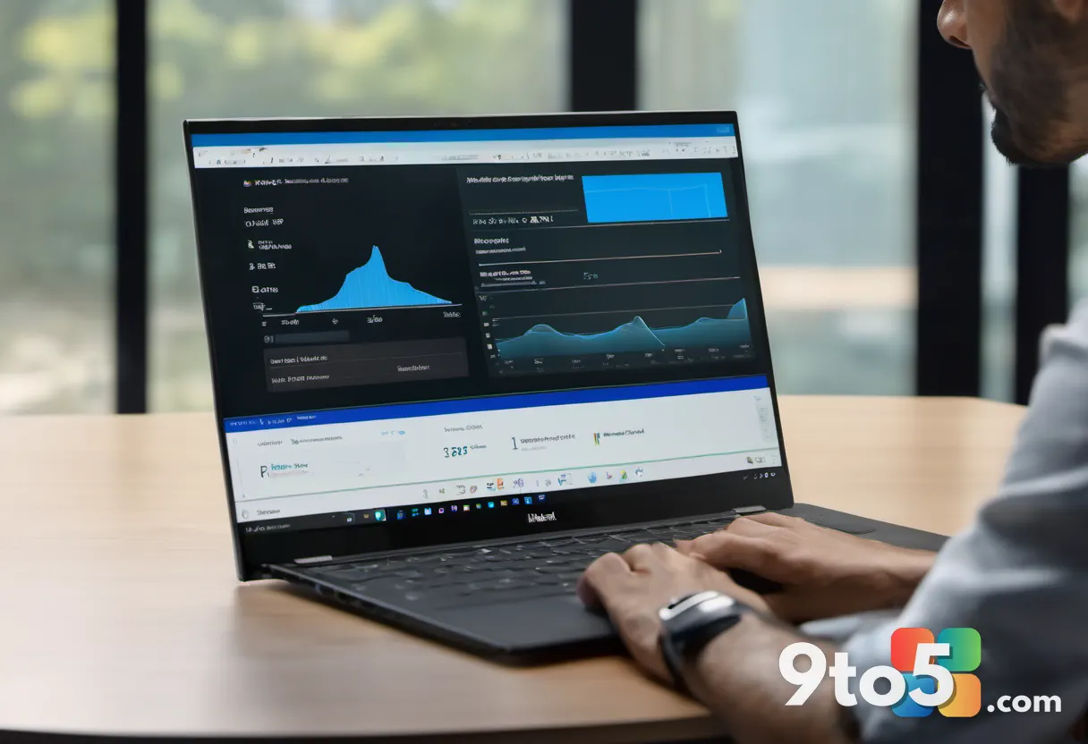 A person watching a Microsoft webinar on a laptop at a warm desk, a OneDrive cloud and Copilot glow faintly reflected on