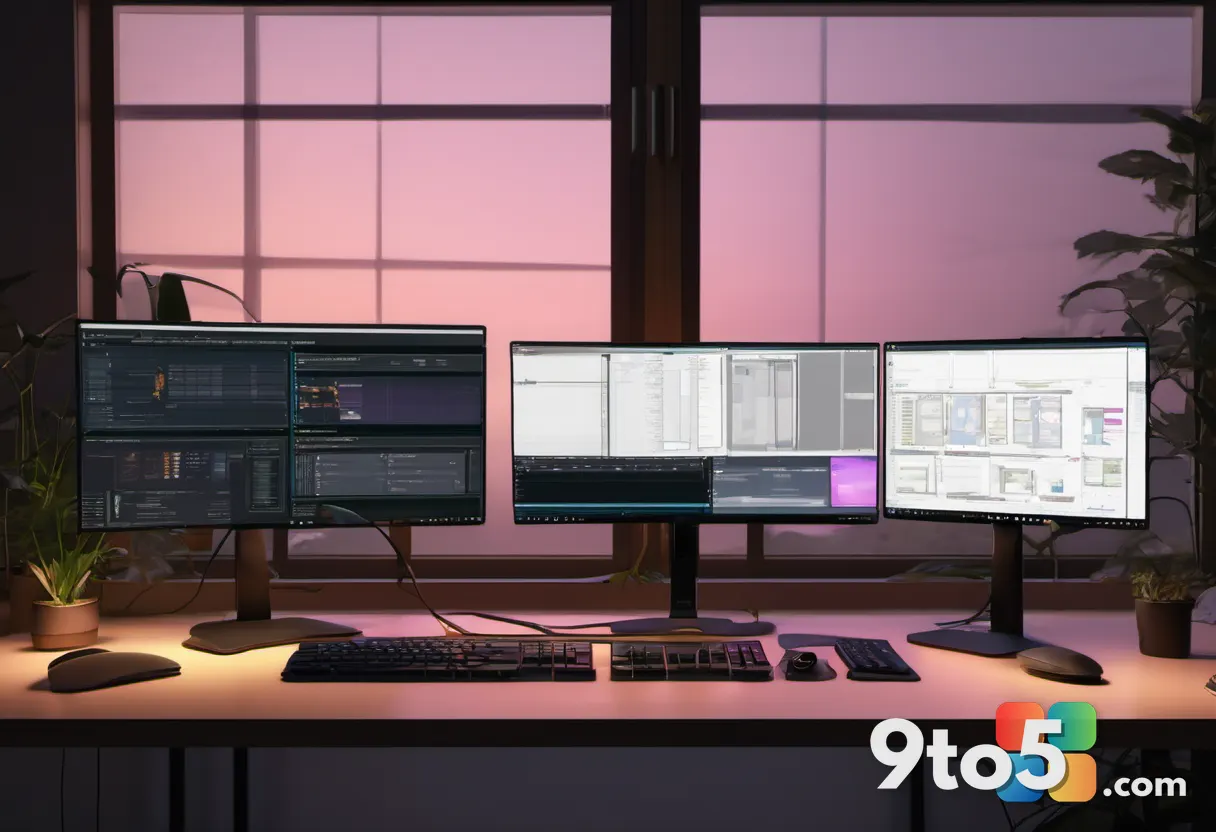 A developer's hands on a keyboard with three monitors showing shader configuration files and a game engine viewport, lit