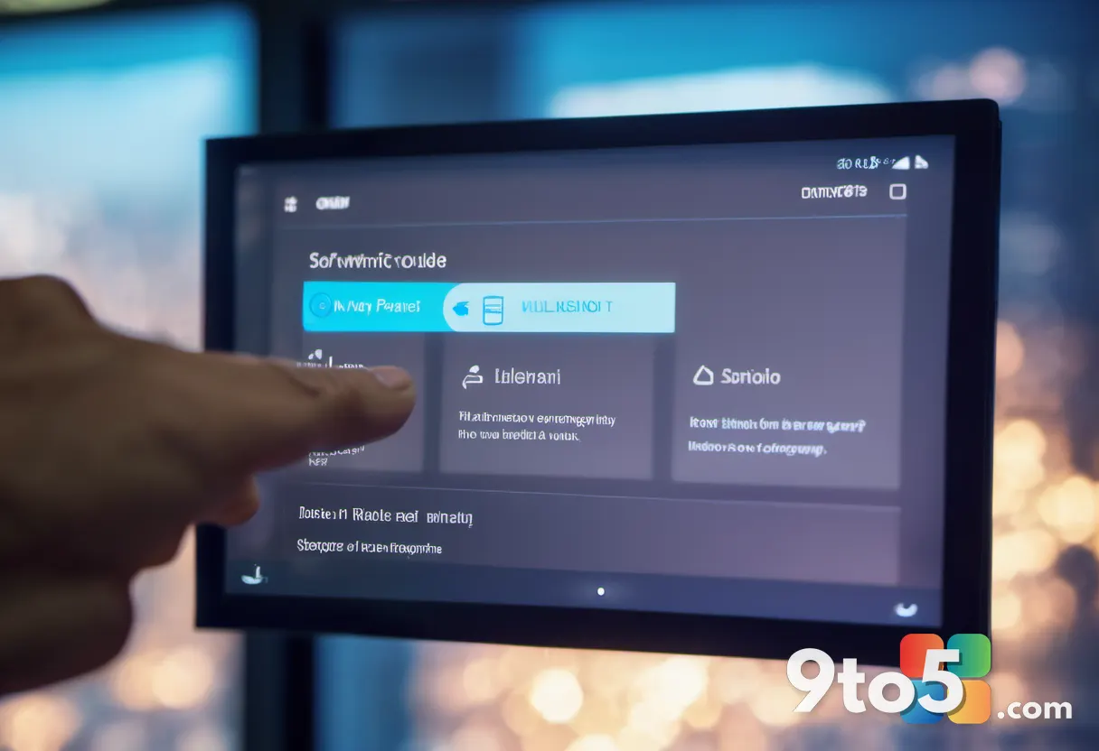 A close-up of a hand tapping a glowing Windows Update button on a touchscreen, soft bokeh office background, warm and co