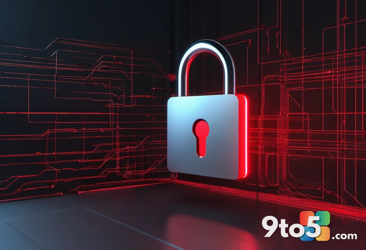 An abstract cybersecurity concept showing a metallic padlock with a single red highlighted crack, dark background with s