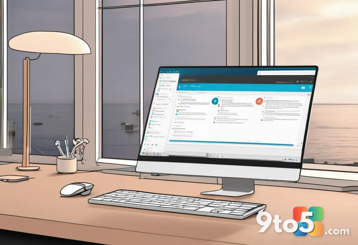 Close-up of a laptop screen showing a unified Office app interface with a combined ribbon of document tools, warm ambien