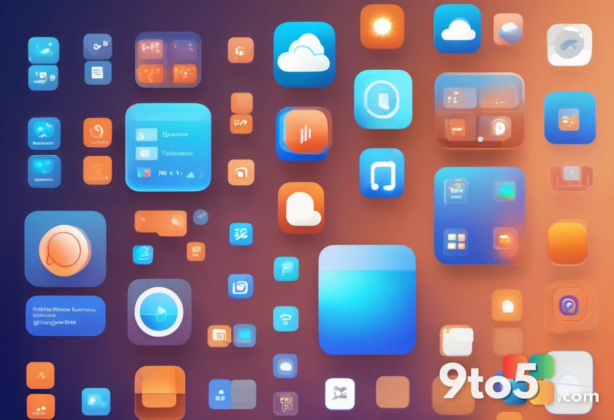 Abstract illustration of fading app icons transitioning into a single glowing unified application symbol, gradient blue 