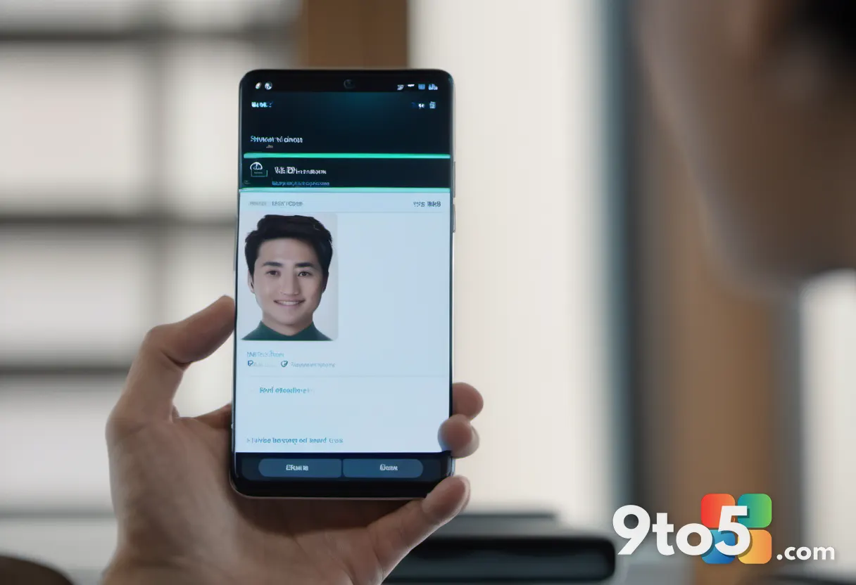 A close-up of a person scanning their face with Windows Hello facial recognition, soft warm lighting, modern office back