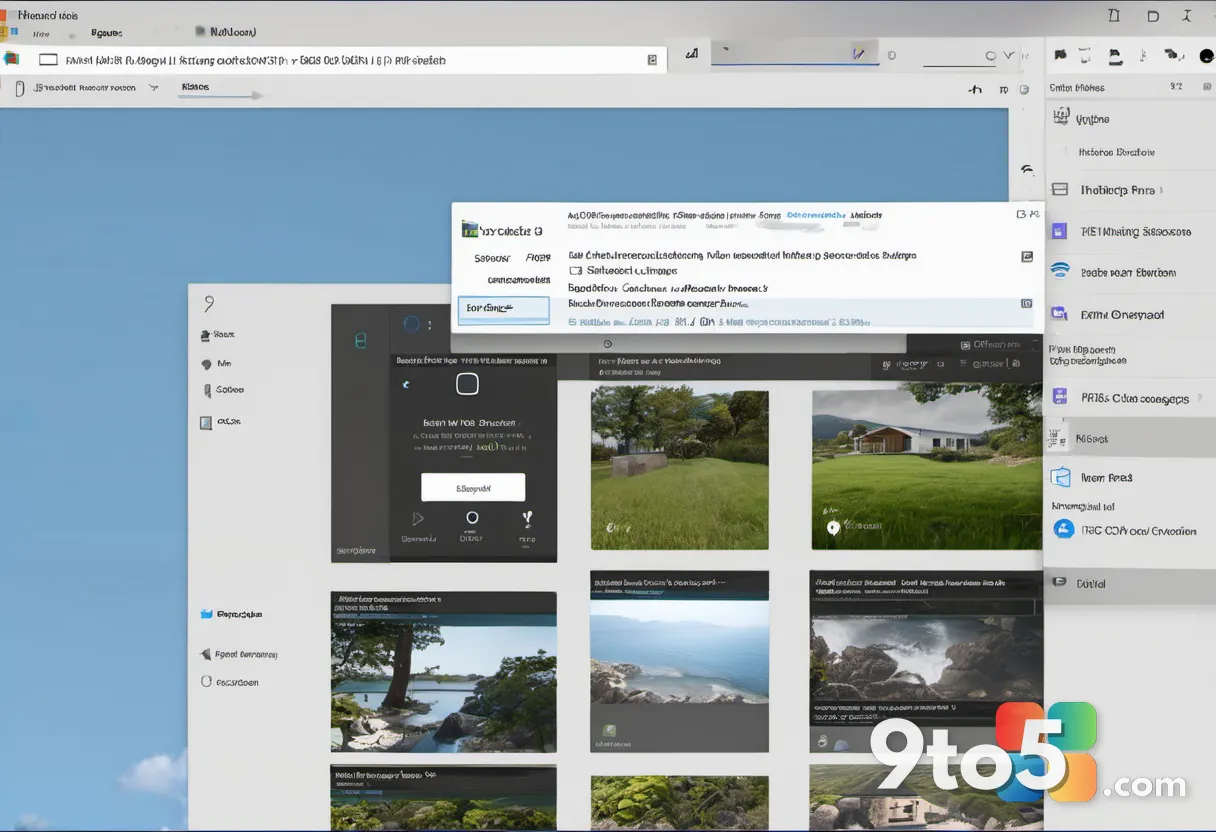 The rebuilt Microsoft Photos Info pane panel showing options like Resize Image, Copy Path, Visual Search, and Open locat