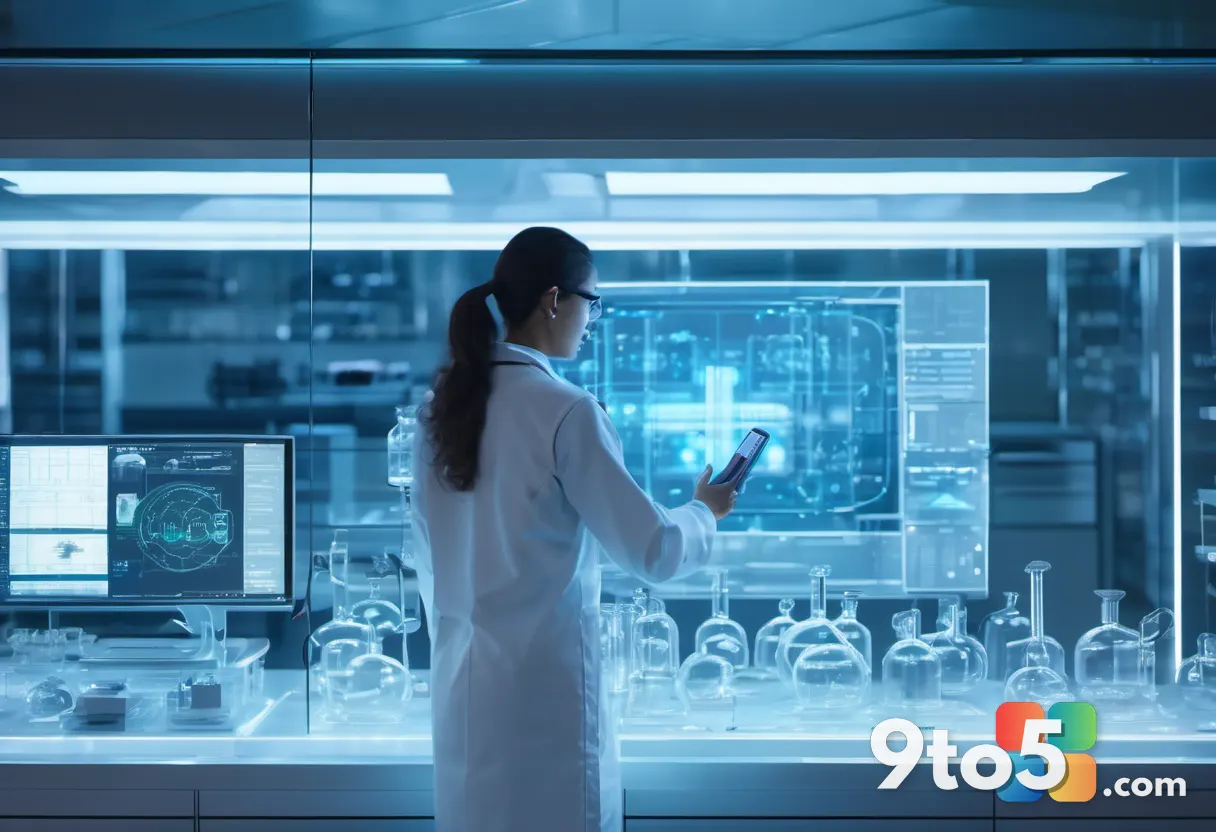 A researcher in a white lab coat examining glowing molecular structures floating above a holographic display, in a moder