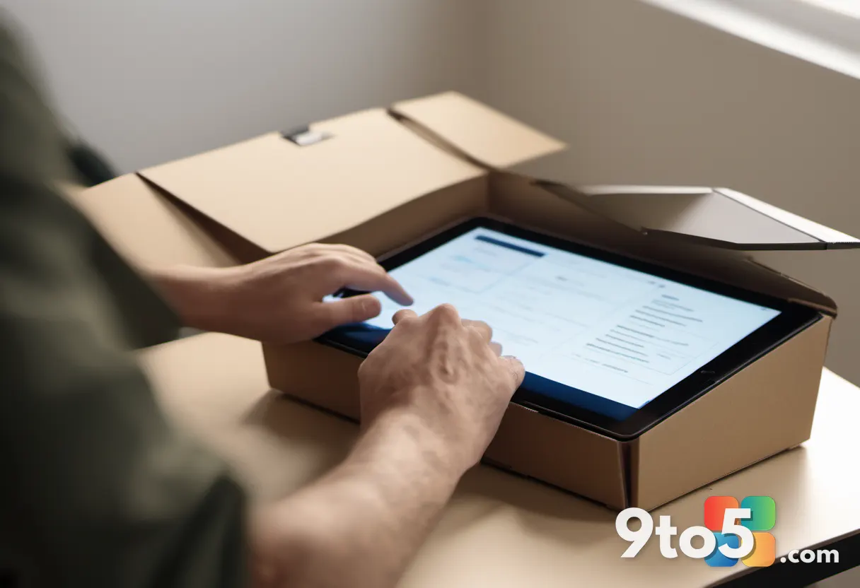 A person's hands transferring paper documents from an old cardboard filing box into a digital tablet, symbolizing file m