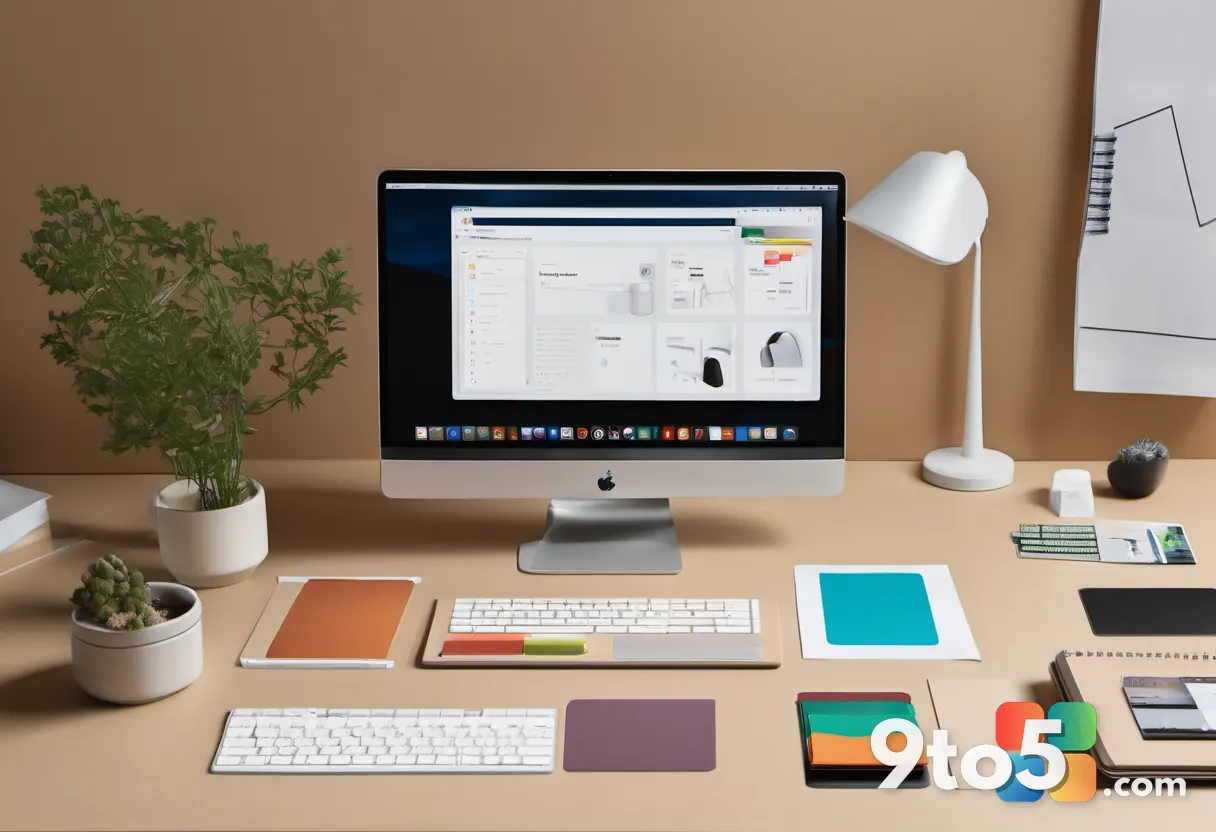 A flat-lay composition of diverse design tools — a paintbrush, color swatch cards, a laptop displaying a graphic design 