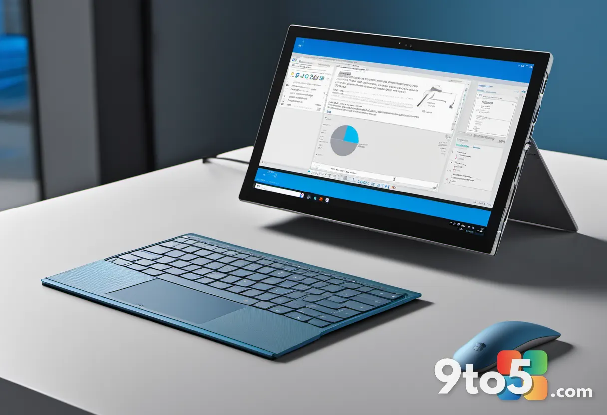 A single Surface Pro device propped open on a minimalist desk, screen glowing with a Windows wallpaper, shallow depth of