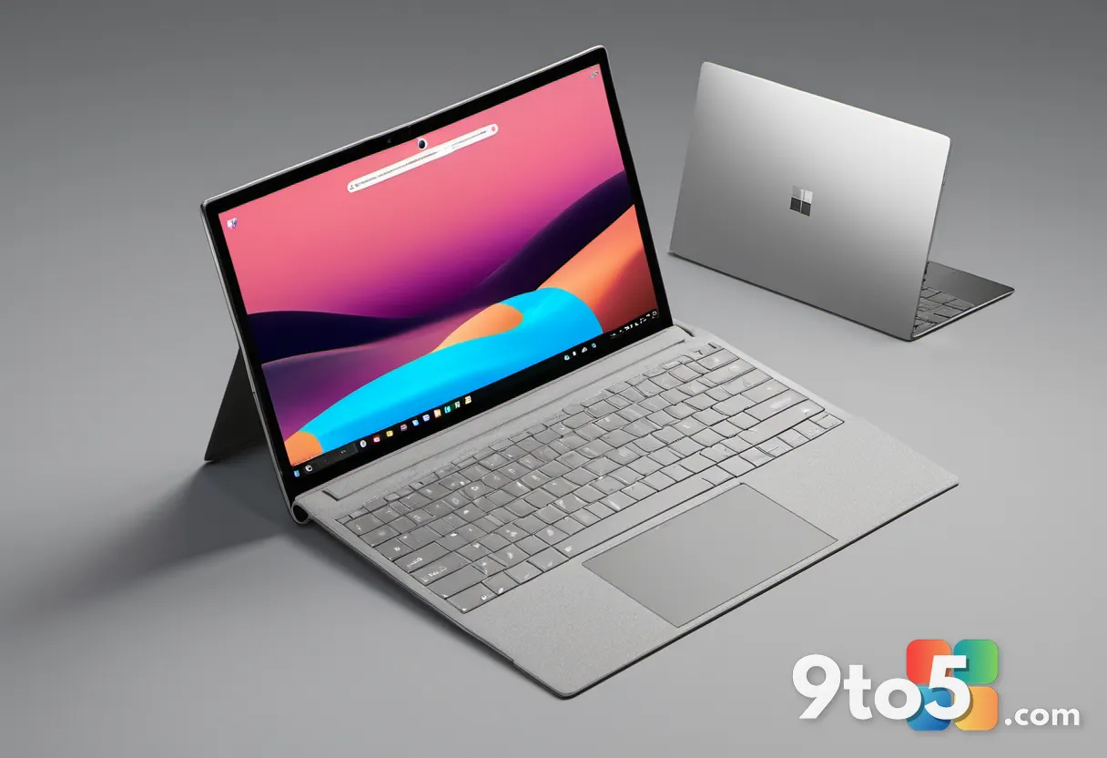 A retro-style image of the original 2012 Surface RT tablet next to a modern Surface laptop, showing design evolution, wa