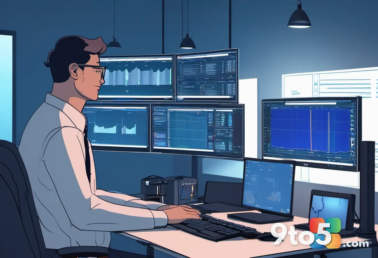 An IT administrator working at a dual-monitor workstation showing server management dashboards, dimly lit office, focuse
