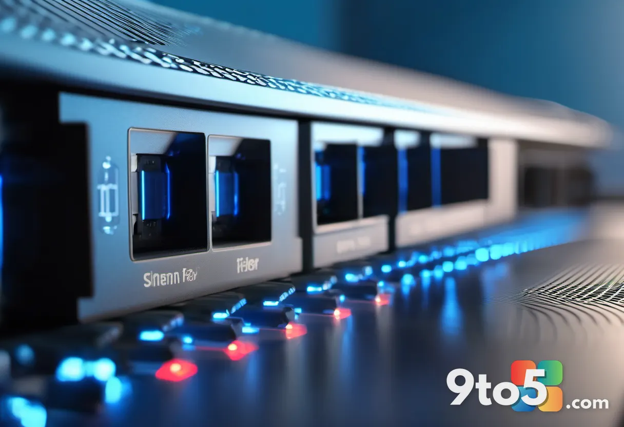 A close-up of a network switch with blinking fiber-optic cables and status lights, cool blue tones, shallow focus, clean