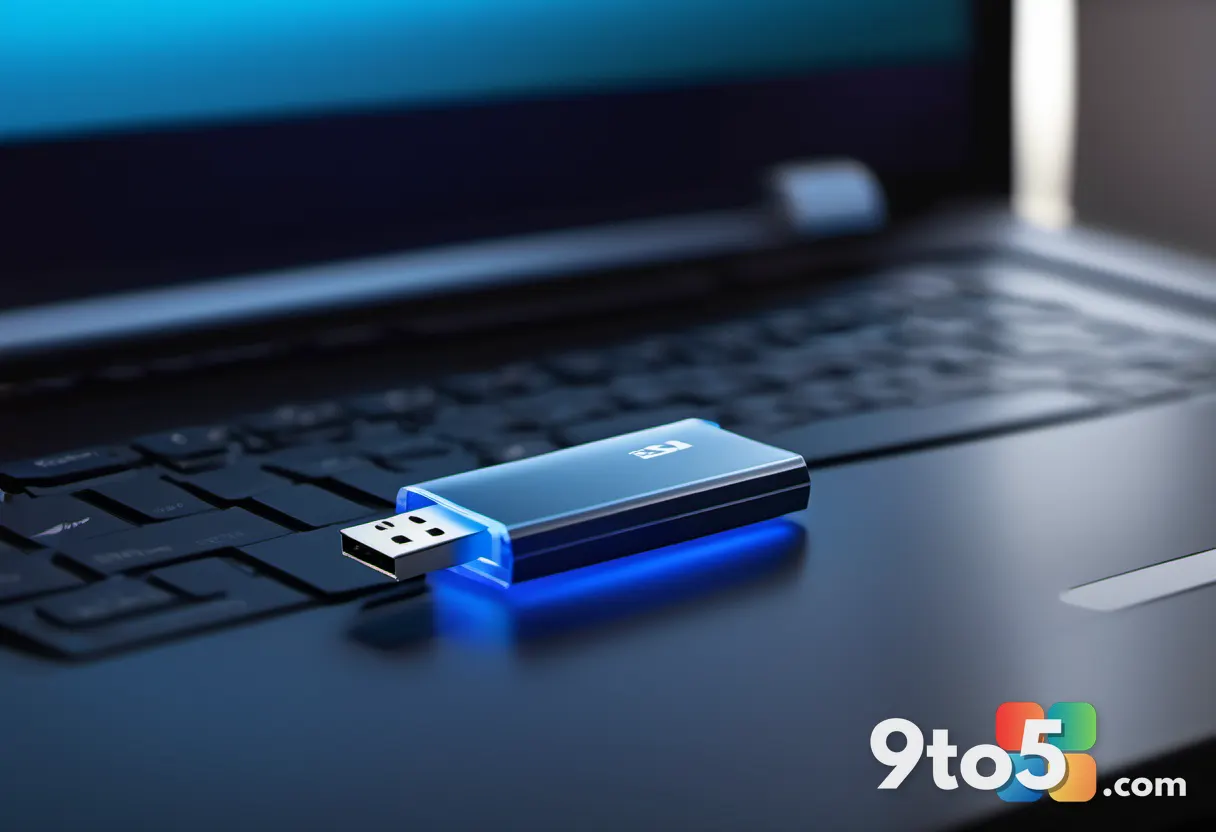 A close-up of a USB flash drive plugged into a laptop, glowing softly, with a stylized Windows setup screen blurred in t