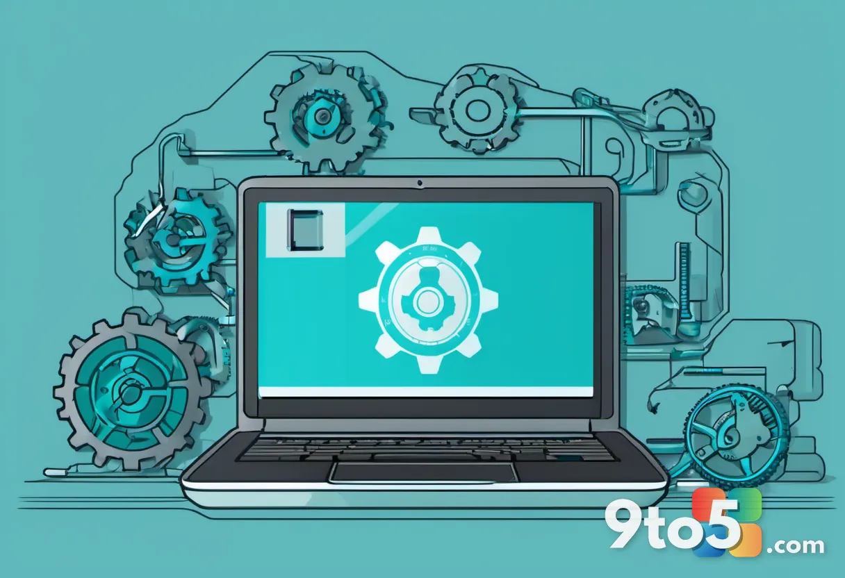 A laptop screen showing a recovery or repair interface with a gear and wrench icon, dim room lighting, blue and teal acc