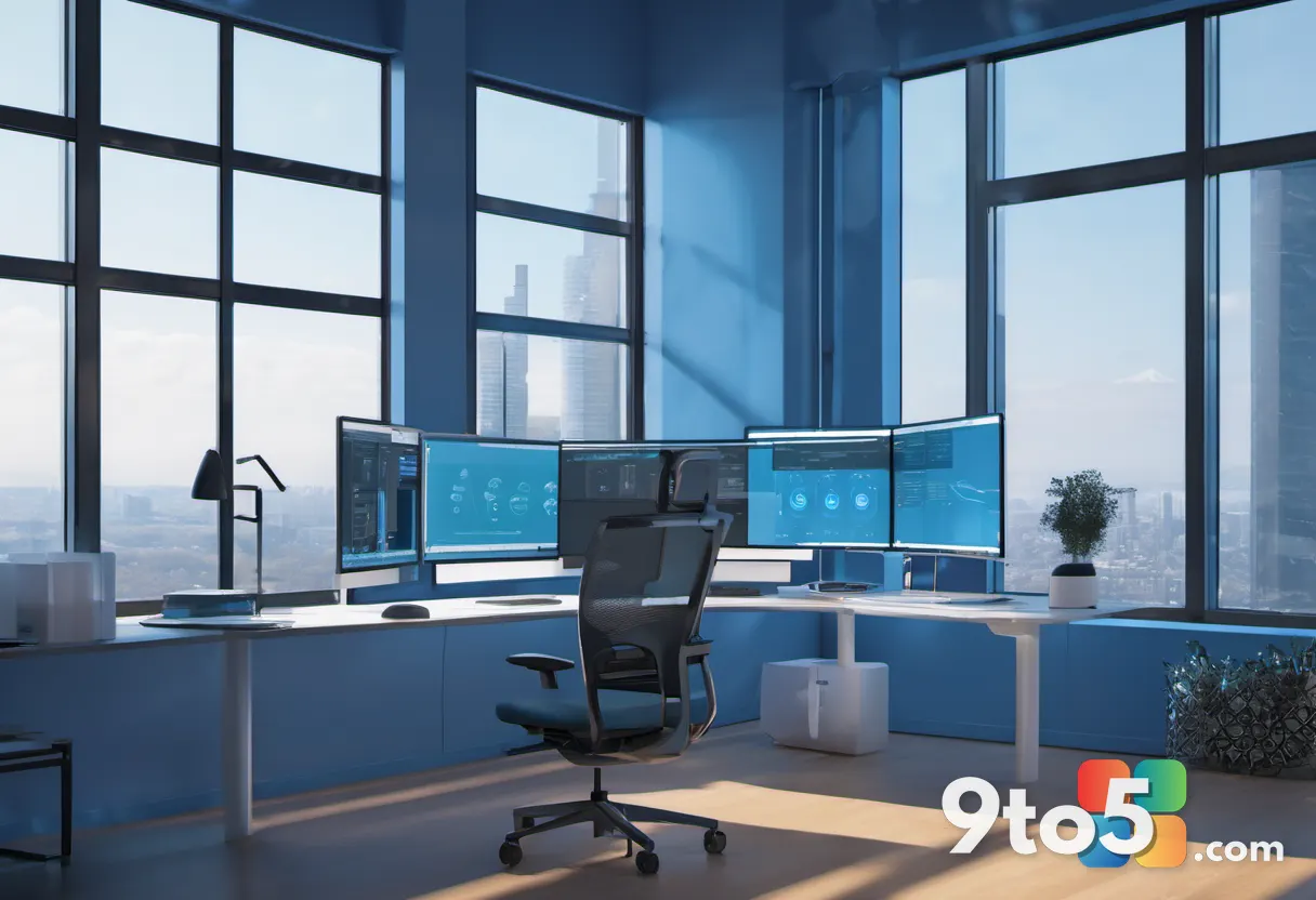 An IT admin sitting at a desk with multiple monitors showing Intune and Microsoft 365 admin portals, cool blue tones, so