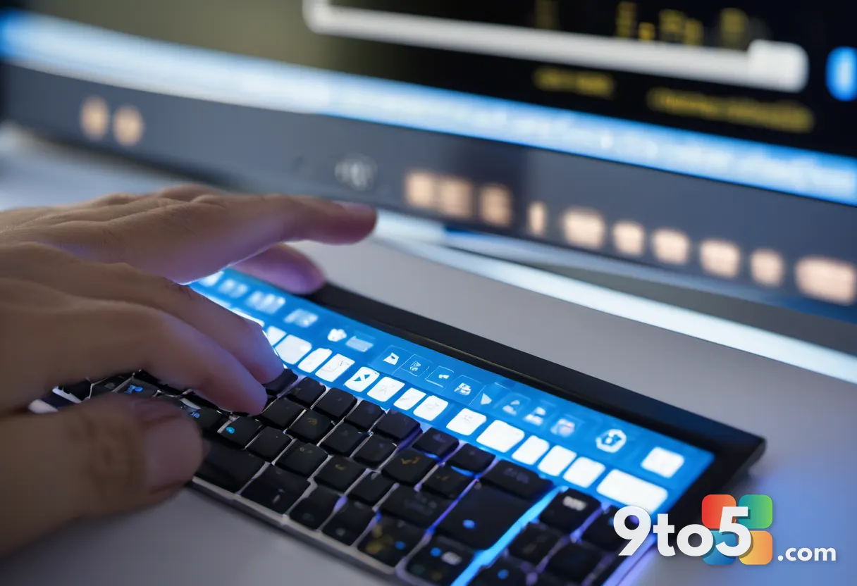 A close-up photograph of a developer's hands on a keyboard with a monitor showing PowerShell command lines and small clo