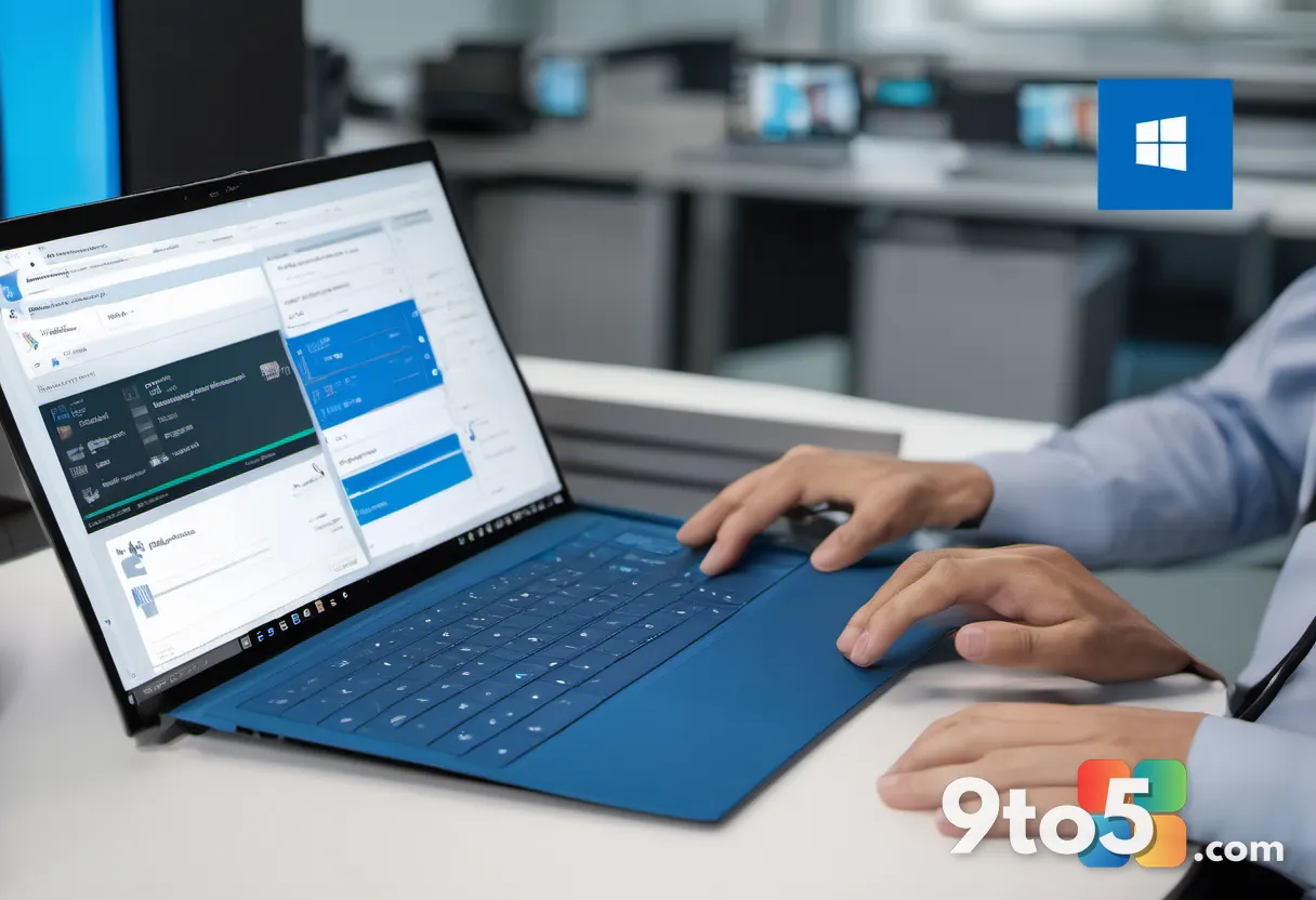 Close-up of an IT administrator's hands typing on a laptop showing the Microsoft 365 admin center with toggle switches, 