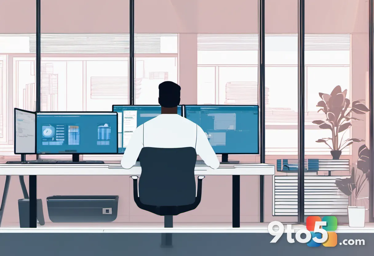 An IT administrator at a desk reviewing SharePoint site settings on a dual-monitor setup, warm office lighting, focused 