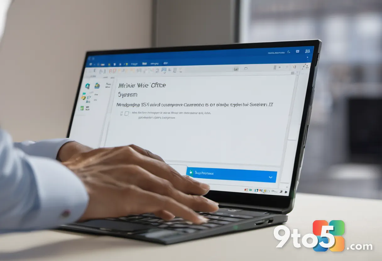 A close-up of a finger tapping a touchscreen, highlighting a feature button on a Microsoft Office interface, warm office