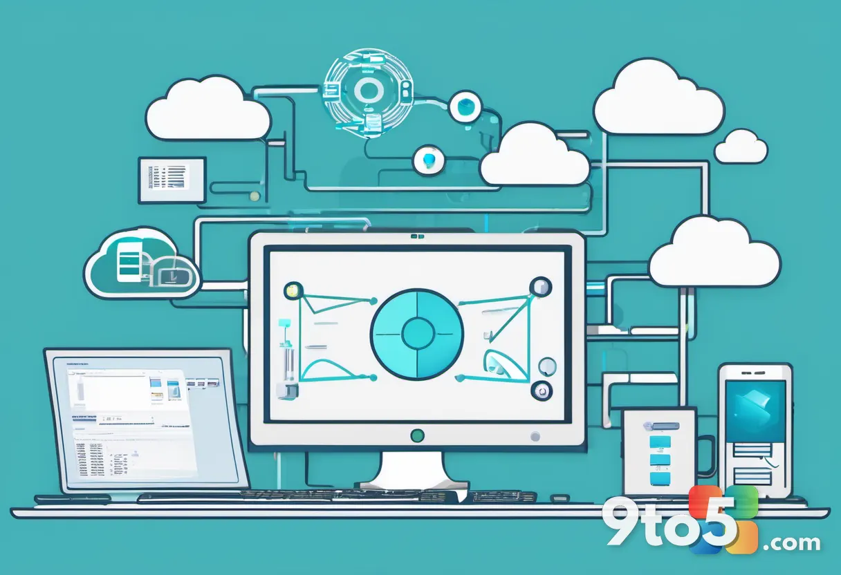 An abstract illustration of interconnected productivity icons flowing between a cloud and a desktop, symbolizing cross-a