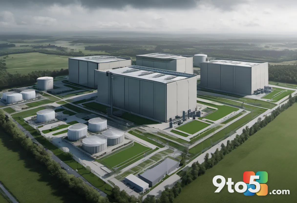 Aerial photograph of a large data center campus with cooling towers and low buildings, set against an overcast English s