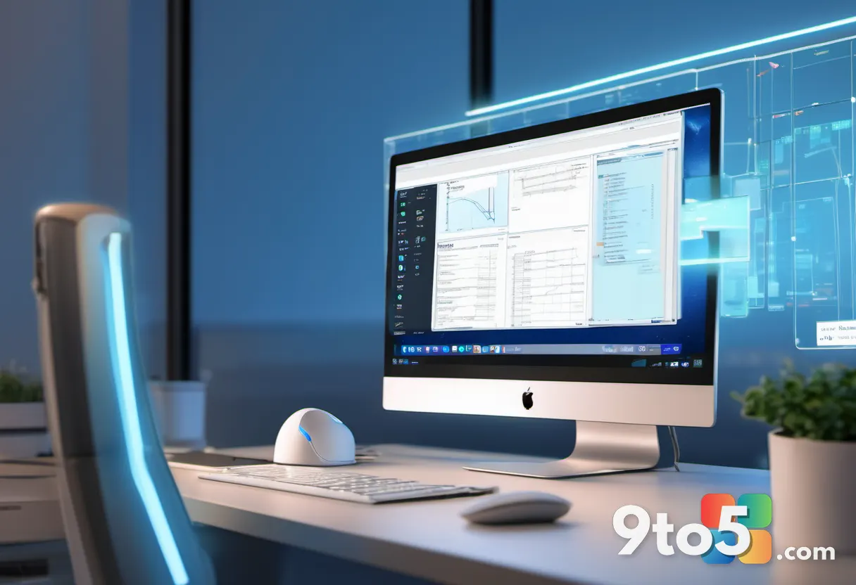 A developer's desk with a laptop showing lines of AI-generated code and a browser extension icon, soft blue lighting, sh
