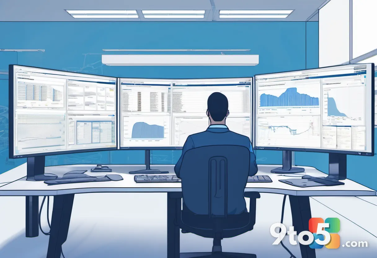 An IT administrator at a desk reviewing role assignments in a tenant management console, multiple monitors showing secur