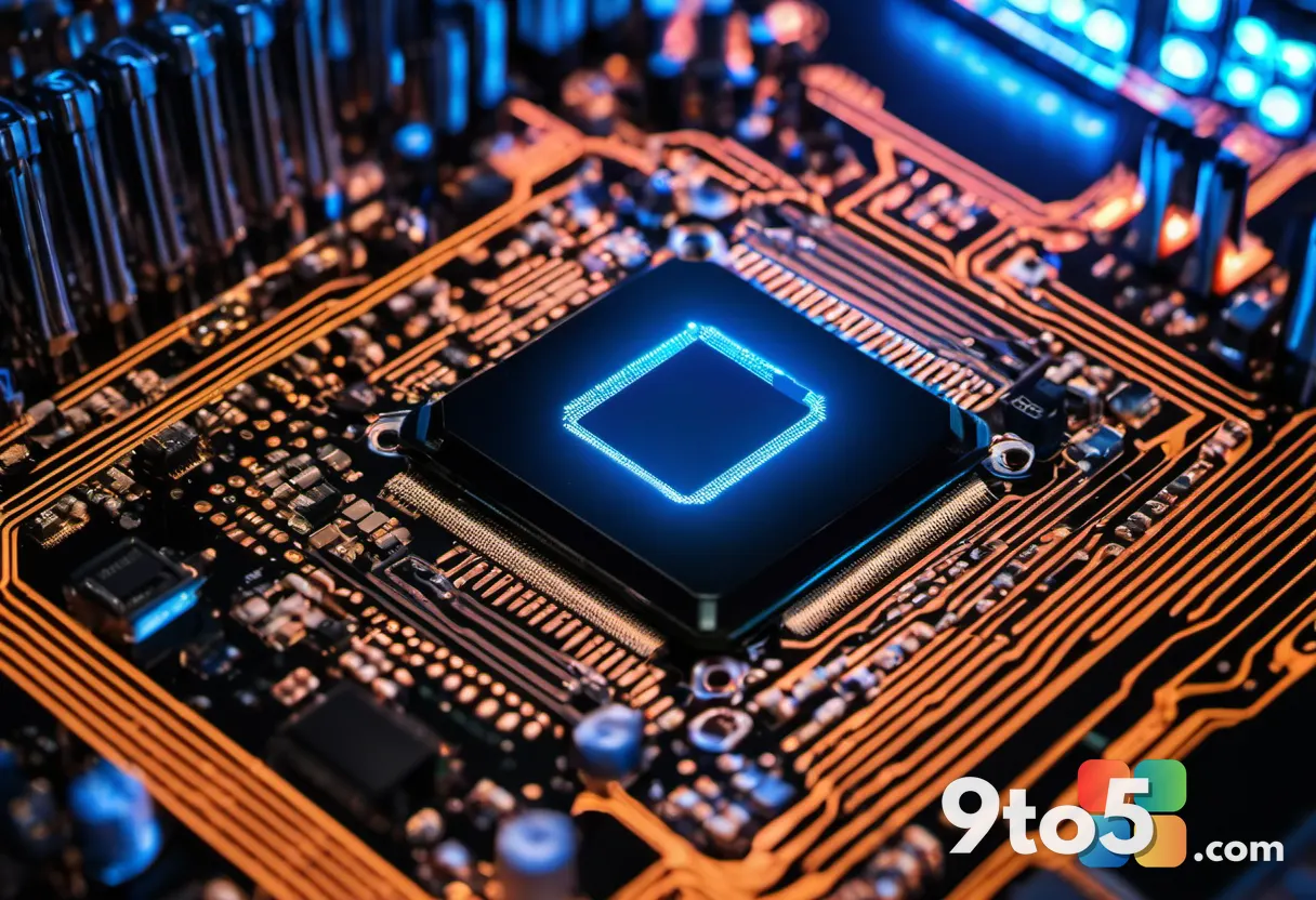 A top-down macro shot of a Snapdragon processor chip on a dark circuit board, glowing blue and orange circuit traces, te