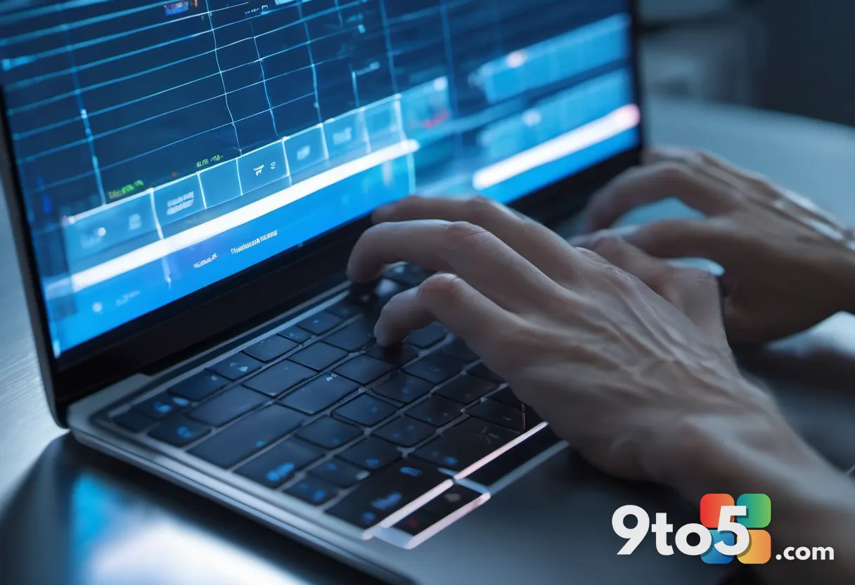 A close-up of hands typing on a laptop keyboard with a translucent data-recovery progress bar overlay, cool blue lightin