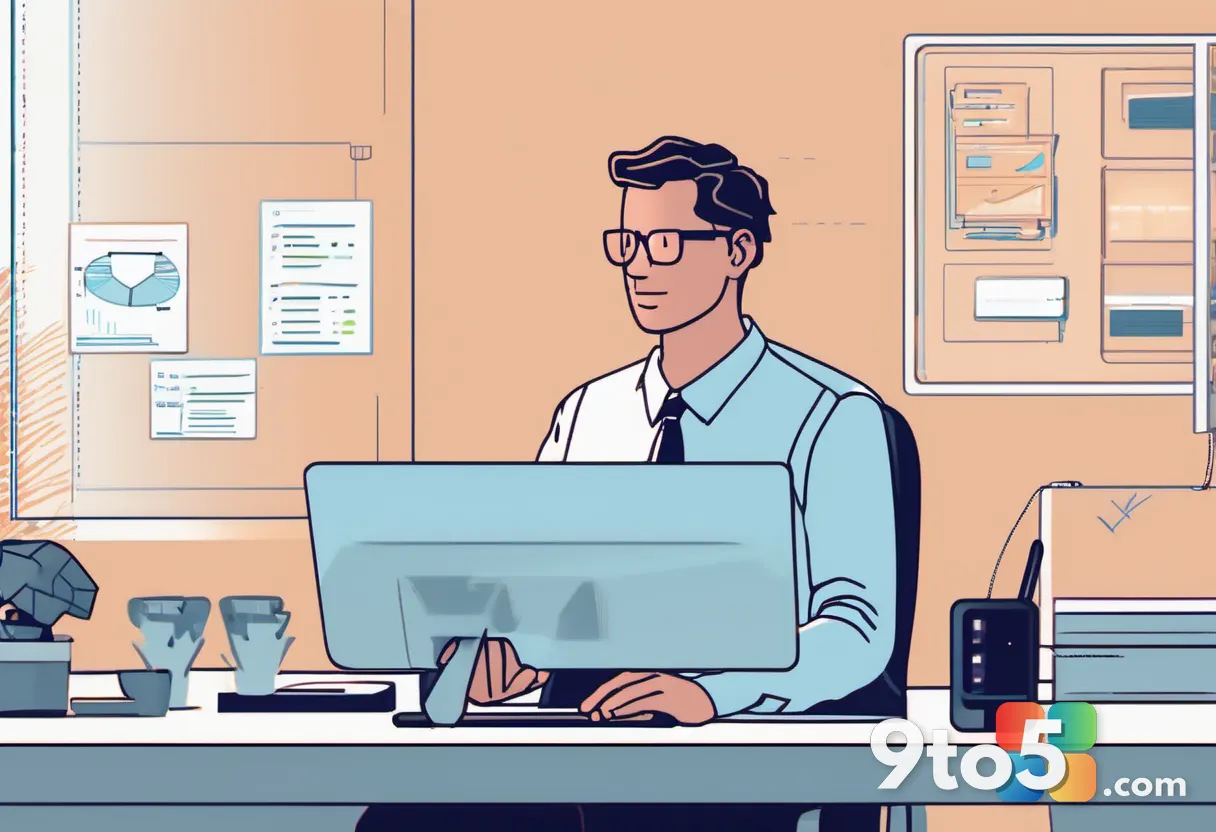 An IT administrator at a desk reviewing policy settings on a dashboard, with a shield and checklist graphic floating nea