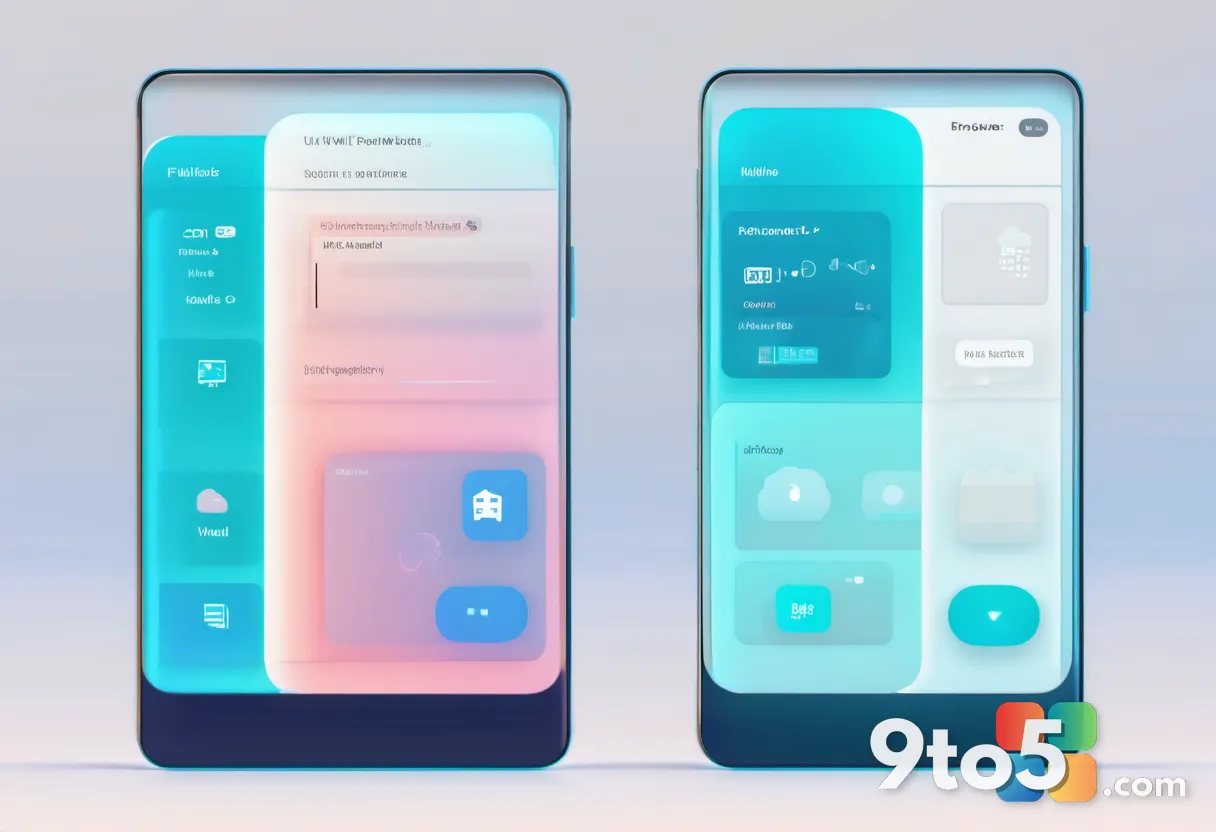An abstract flat-design illustration of a glowing AI assistant icon being relocated between two interface panels, blue a
