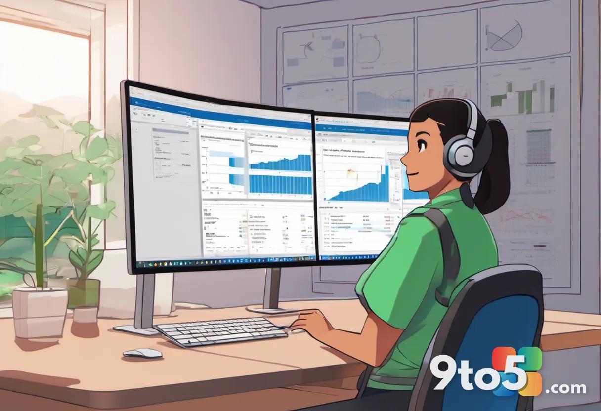 A person working at a dual-monitor workstation, one screen showing a spreadsheet and the other a chat window, warm ambie