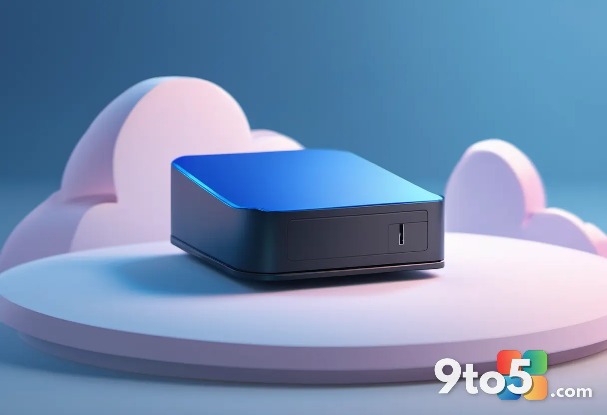 A stylized hard drive with a faint wipe animation, floating in a blue cloud, clean tech illustration, cool tones, shallo