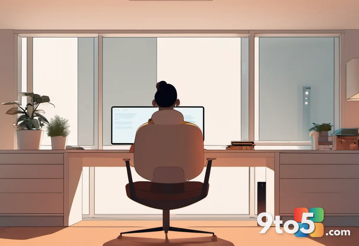 A relaxed person glancing at a tidy laptop lock screen in a warm-lit home office, calm mood, soft daylight, minimalist d