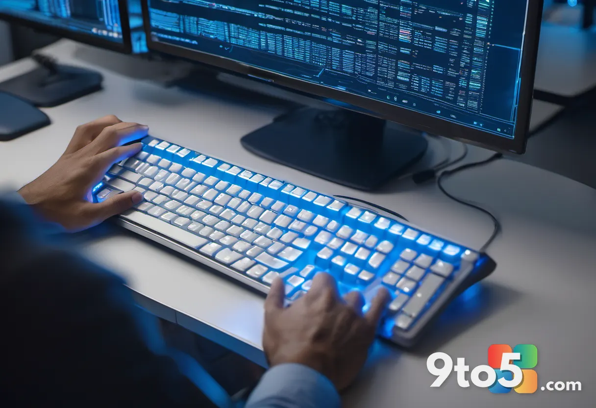 A close-up of a developer's hands on a keyboard with a glowing blue code editor on screen, soft bokeh office background,