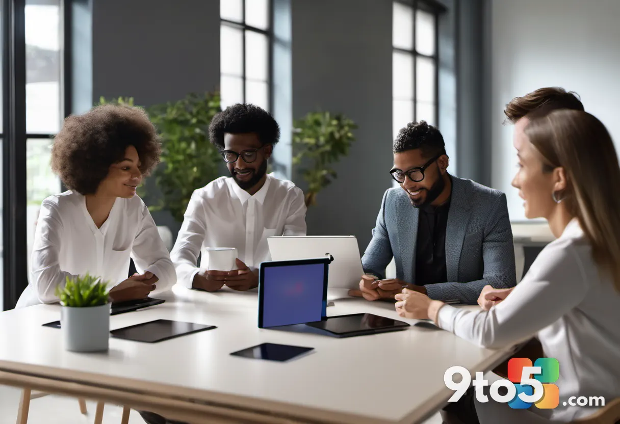 A diverse team of business professionals collaborating around a table with tablets showing app prototypes, warm natural
