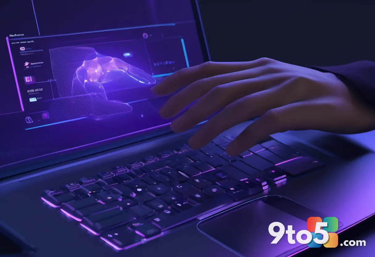 A close-up of hands typing on a laptop keyboard with a translucent AI assistant hologram rising above the screen, deep b