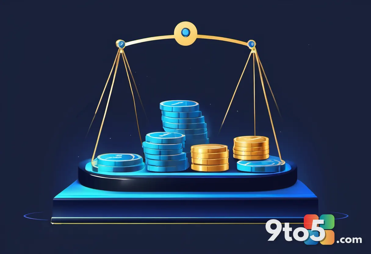 An abstract illustration of a balance scale weighing a glowing brain icon against a stack of coins, dark background, blu